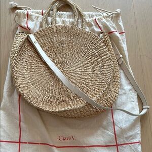 Clare V Tan Alice Woven Circle Straw Bag with White Shoulder Strap
